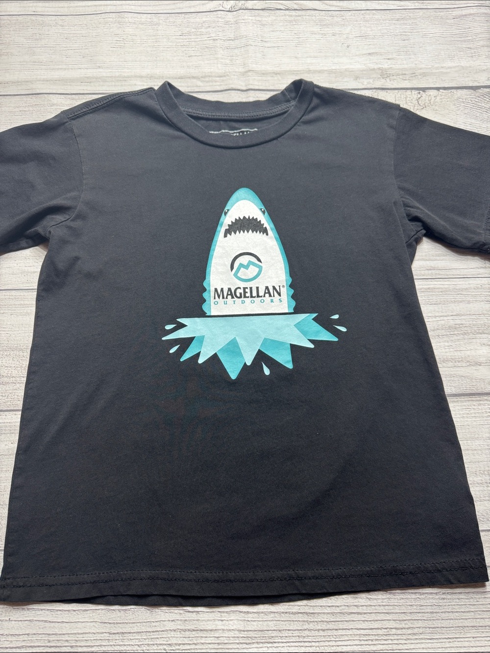 Magellan Outdoors Boys Black Tee with Teal and White Shark Graphic